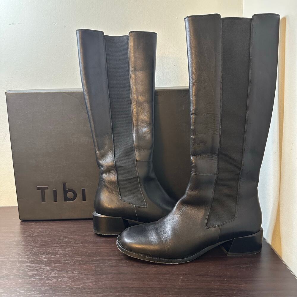 Tibi Amelia Black Leather Knee-High Pull-On Boots, Size US 9.5 EU 40.5, Western